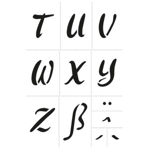 Stencil Aladine Alphabet L (20x30cm) con varie lettere e caratteri speciali.