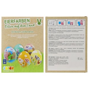 Coloranti liquidi per uova con motivi di fattoria e adesivi per uova di Pasqua colorate.