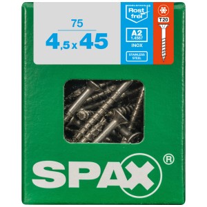 Viti Spax in acciaio inox A2, 4,5x45 mm, 75 pezzi, con filetto parziale e testa svasata in scatola verde.