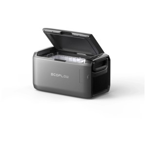 Glacière à compression Ecoflow Glacier 35, grise, 35 litres, couvercle ouvert.