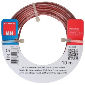 Cavo per altoparlanti trasparente 2x0,5 mm², rotolo da 10 m per applicazioni audio e video.