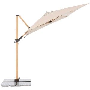 Rechteckiger, naturfarbener Ampelschirm Alu Wood 220x300 cm mit Holzoptik und grauem Sockel.