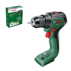Avvitatore a batteria Bosch 18V UniversalDrill 18V-60 Solo con mandrino e batteria sullo sfondo.