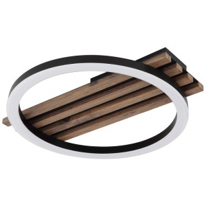 Moderne LED-Deckenleuchte in Paneel-Optik mit Holzdekor und ringförmigem Leuchtkörper.