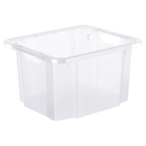 Boîte pivotante/empilable transparente Rotho avec un volume de 26 l, idéale pour le rangement.