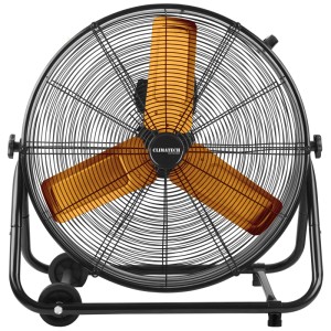 Ventilateur de sol Climatech HVF-61, métal noir/orange, Ø 61cm, avec roulettes.