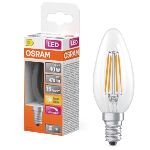 Osram LED-Leuchtmittel B40 Filament klar, E14, 3,4W, dimmbar. Kerzenform mit sichtbarem Filament.