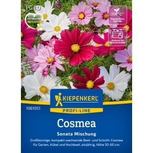 Kiepenkerl Graines Cosmos Sonata mélange avec des fleurs roses, blanches et rouges.