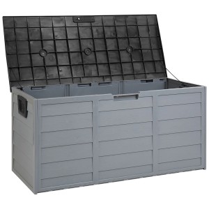 Coffre de rangement Beliani Locarno gris ouvert (53x112x50cm) en plastique avec couvercle noir.