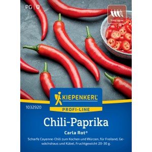 Kiepenkerl Chili-Paprika Carla Rot F1-Hybride, gousses rouges et fines et emballage.