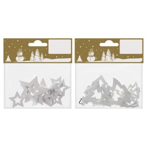 Deux paquets de décorations en bois blanches: étoiles et sapins ouverts. 9 pièces pour décorer et bricoler.