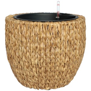 Vaso per piante color naturale Ø 39cm in polyrattan con sistema di irrigazione e indicatore del livello dell'acqua.