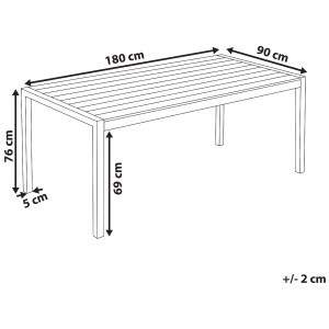 Immagine del tavolo da giardino Beliani Vernio, marrone, 180x90 cm, con dimensioni.