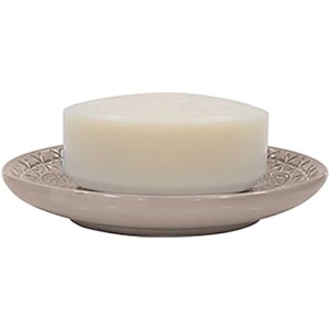 Portasapone beige Spirella Relief con sapone, in porcellana con decoro giocoso.