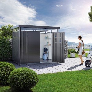 Abri de jardin Biohort HighLine, gris foncé métallisé, avec double porte et étagères. Rangement de jardin en métal.
