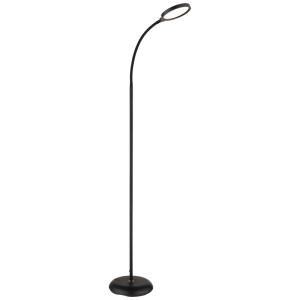 Lampada da terra LED Globo Kalderon in metallo nero opaco con braccio flessibile a collo d'oca e testa rotonda luminosa.
