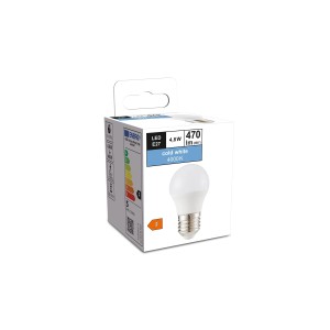 Ampoule LED E27 forme goutte, 4,8W, blanc froid, 470 lumens, dans son emballage.