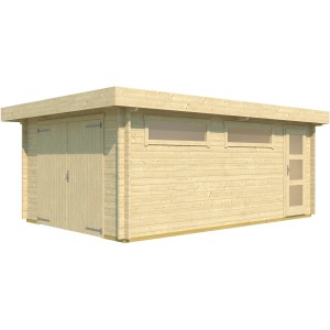 Garage singola 441 in legno naturale con porta in legno e finestre.