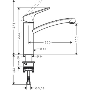 Disegno tecnico Hansgrohe Logis miscelatore cucina, 160mm, cromo, dimensioni e attacchi