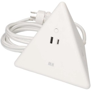 Bloc multiprise blanc en forme de pyramide avec 2x Type13, ports USB-A et USB-C.