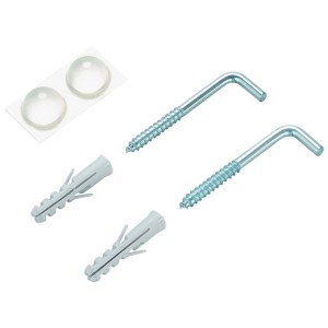 Kit de fixation pour miroir avec crochets, chevilles et entretoises pour une installation facile.