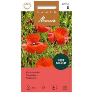 Paquet de graines de coquelicot avec des fleurs rouges. Graines de fleurs pour jardins colorés.