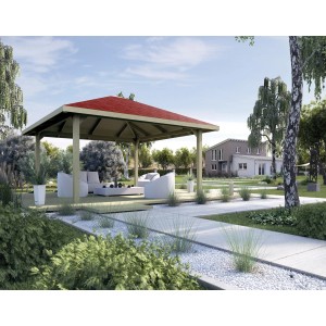 Weka Gartenoase 651 A, gazebo in legno con tetto rosso e set di mobili da giardino.
