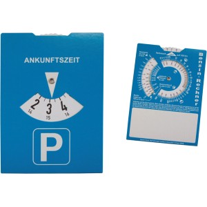 Blaue Parkscheibe mit integriertem Benzinrechner für die Außenausstattung.