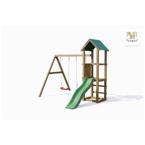 Tour de jeu en bois Fungoo Lucas avec balançoire et toboggan pour le jardin.
