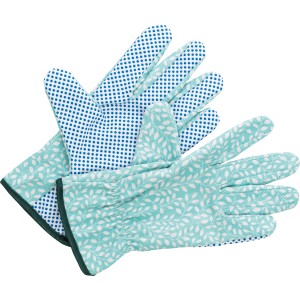 Set da 3 guanti da giardino in cotone taglia 8 con motivo a pois e foglie in blu e turchese.