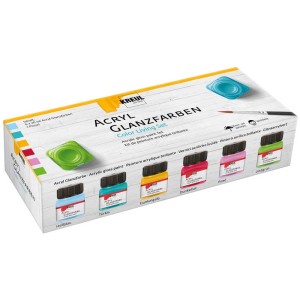 Set de peintures acryliques brillantes Kreul avec 6 couleurs (bleu clair, turquoise, jaune, rouge, rose, vert) et pinceau.