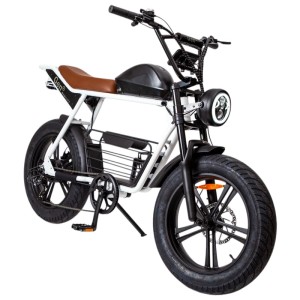 E-Bike Gen2 Blazer Fat Tire bianco con sella marrone e pneumatici fat.