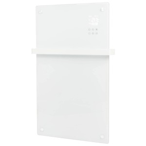 Radiateur de salle de bain blanc Eurom Alutherm Sani Verre avec porte-serviettes et affichage numérique.