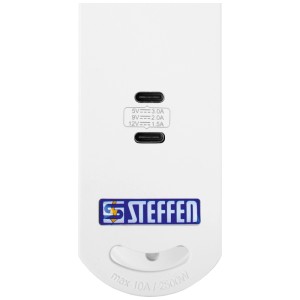 Multiprise Steffen, blanche, avec 2 ports USB-C. Vue détaillée des ports.