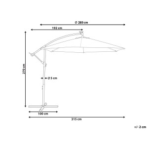 Skizze des graphitgrauen Beliani Sonnenschirms Corval LED Solar mit Maßangaben.