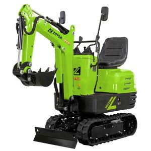 Mini-pelle à essence Zipper ZI-MBGS600, machine de construction verte avec accessoires.