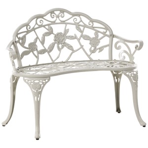 Banc de jardin Piura en aluminium blanc avec décorations rustiques de roses et fleurs, résistant aux intempéries.