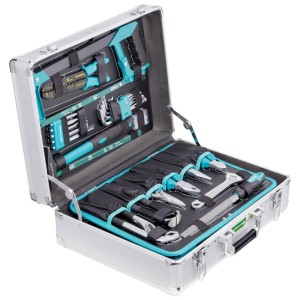 Mallette à outils en aluminium Technocraft TOP PRO 135 ouverte avec assortiment de 135 pièces.