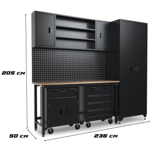 Set officina Güde nero 6 pz: banco da lavoro con armadietti, pannello forato e piano.