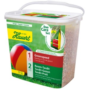 Hauert Duocare kit cura prato con Lawn-Tardit e Greenspeed in secchio, fertilizzante completo per tutto l'anno.