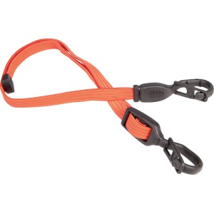 Tendeur élastique orange avec crochets en plastique noir, longueur réglable pour voyage et transport.