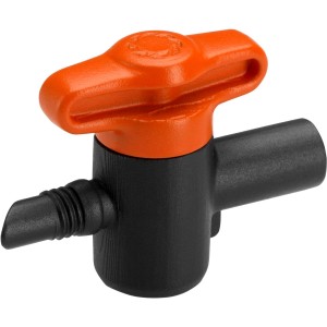 Valvola di regolazione Gardena per sistemi Micro-Drip, manopola arancione, corpo nero.