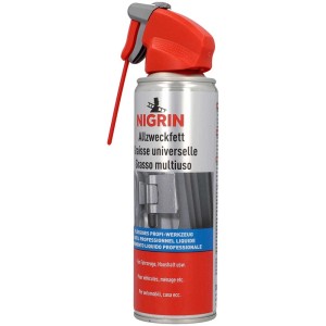 Nigrin Allzweckfett 300ml, bombe aérosol avec tête de pulvérisation et tube fin pour application précise.