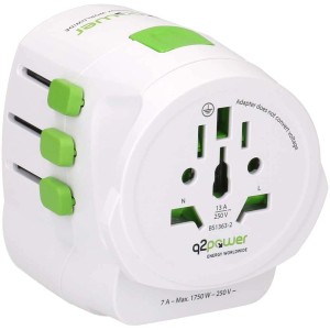 Q2Power Reiseadapter 2-tlg.: Weltweiter Steckeradapter mit USB-Anschluss für Steckdosenleisten.