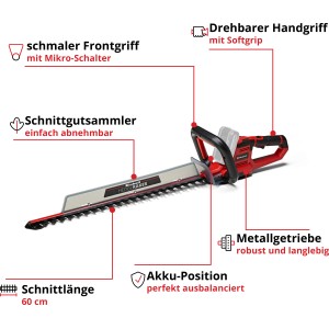 Taille-haie sans fil Einhell Power-X Change GE-CH 18/60 Li-Solo avec poignée rotative et longueur de coupe de 60 cm.