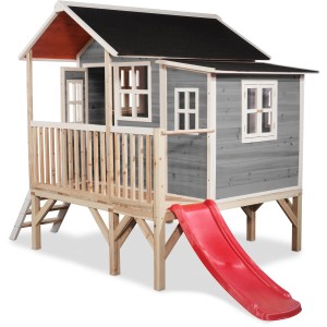 Maisonnette en bois grise EXIT Loft 350 avec toboggan, échelle et extension pour que les enfants jouent dans le jardin.