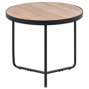 Tavolino Beliani Melody rotondo con piano in MDF marrone e struttura in metallo nero industriale.