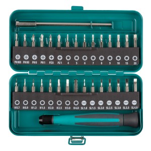 Wolfcraft Micro Bit-Box, 32 pezzi, con inserti, cacciavite e prolunga in custodia metallica.