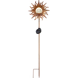Piquet solaire décoratif LED cuivre, motif soleil, hauteur 90 cm pour jardin et allées.