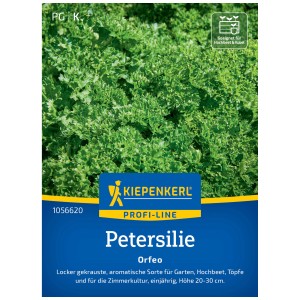 Kiepenkerl Petersilie Orfeo Saatgut: Packung mit grün gekrauster Petersilie für Beet und Topf.